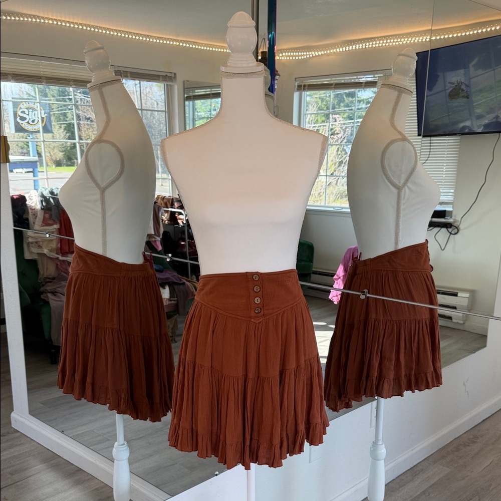 Free People Rust Brown Tiered Button-Front Mini Skirt